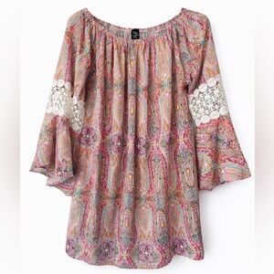 WinWin Tunic Pink Multicolor Paisley Off-Shoulder Bell Pinwheel Sleeves sz L-XL